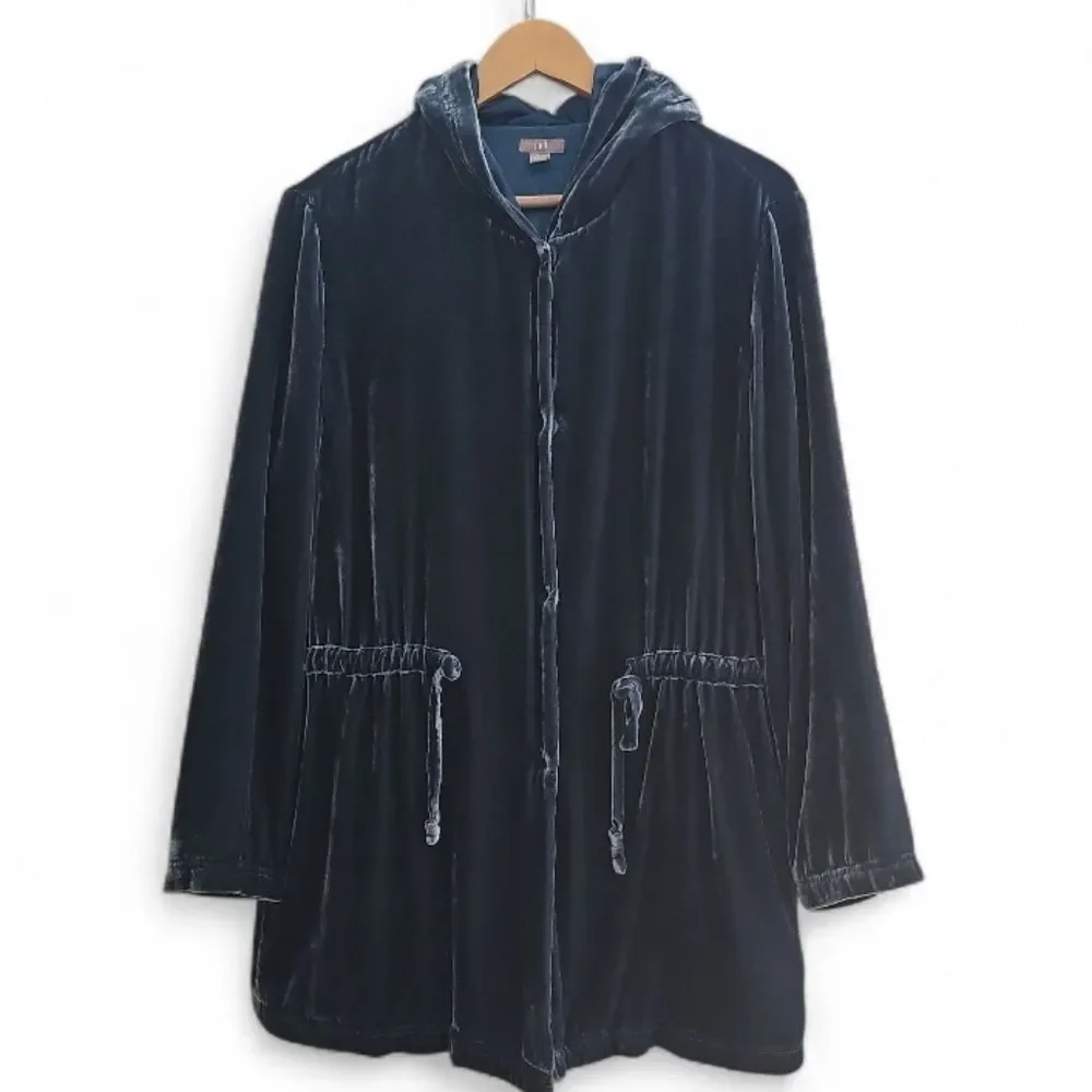 J. Jill Silk Blend Velvet Hooded Jacket Sz L Teal Statement Layer Jewel Tone - Picture 1 of 16